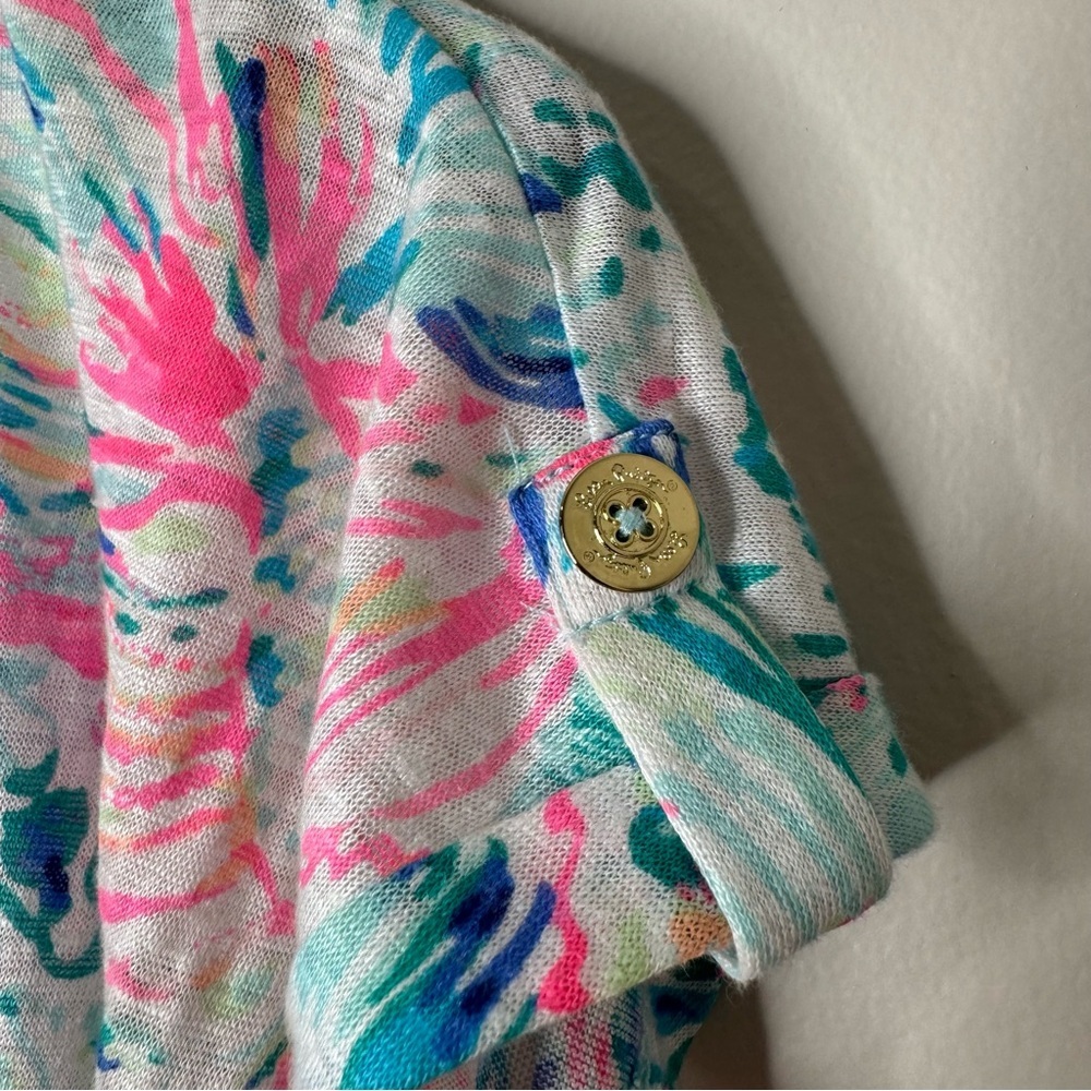 Lilly Pulitzer Inara 100% Linen Short Sleeve Top Floral Leaves Serene Blue Sz S - Picture 3 of 9